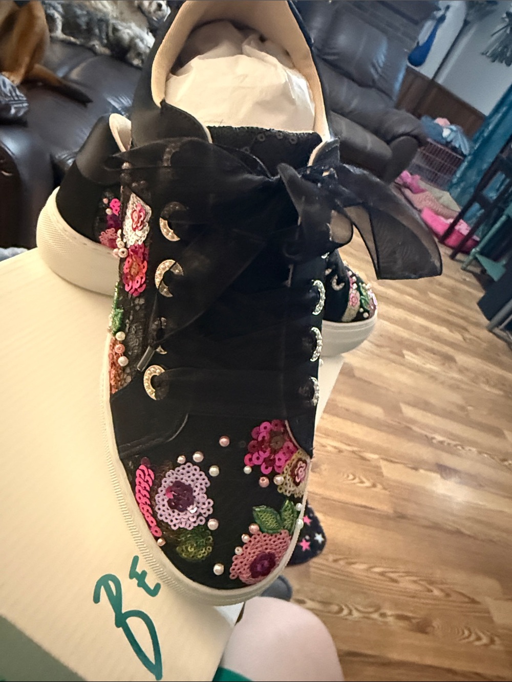 Betsey Johnson Black Sequin Floral Ribbon Lace Sneakers - Picture 4 of 6